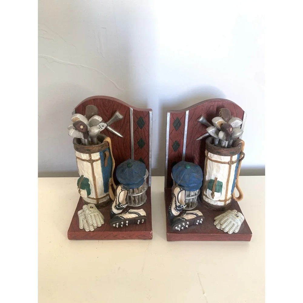 Highland Ridge Golf Bookends Resin Golfer Bag Clubs Shoes Man Cave Office Decor